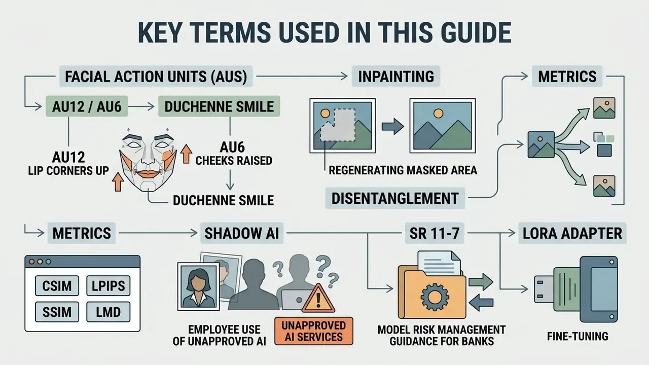 Flowchart illustrating technical concepts like facial action units, inpainting, and model risk management