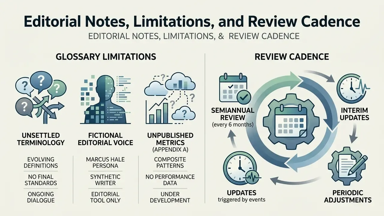 Icons representing glossary limitations alongside a circular process cycle for semiannual content reviews