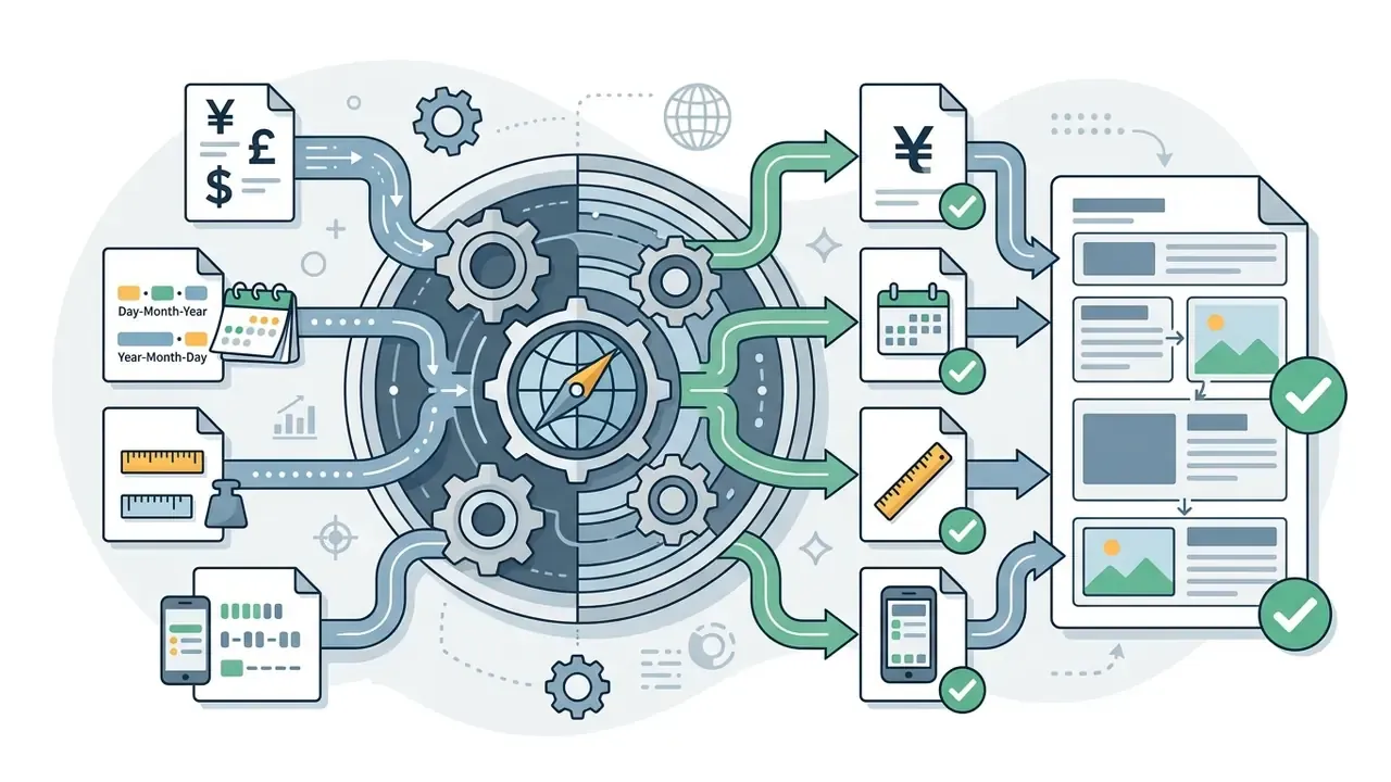 Compass mechanism transforming currency, date, unit, and phone formats into localized document layouts