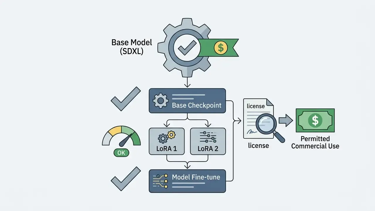 Gear and document icons showing the verification process for commercial use of AI model checkpoints