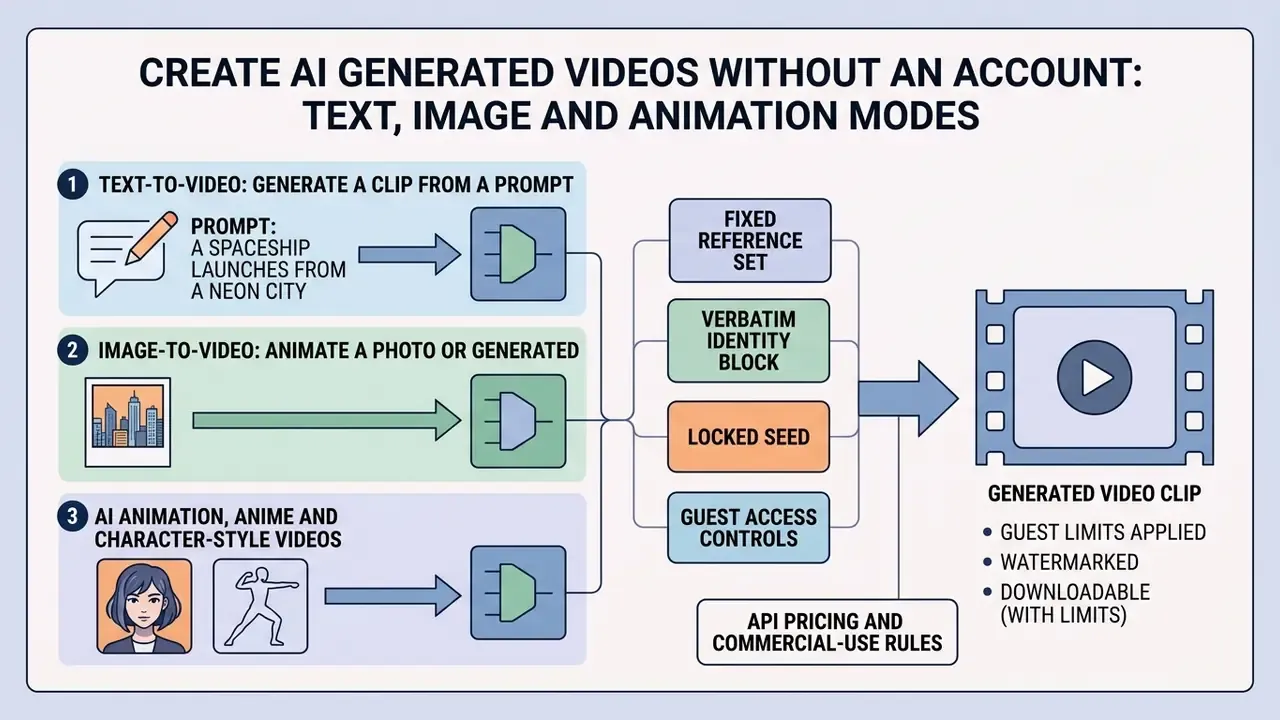 Diagram showing three input modes for generating AI videos without needing an account