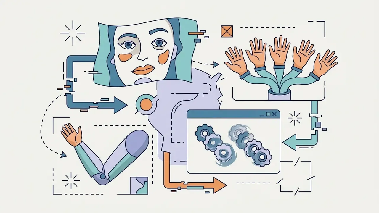 Line art showing a distorted face, a multi-handed arm, and gears inside a software window connected by arrows
