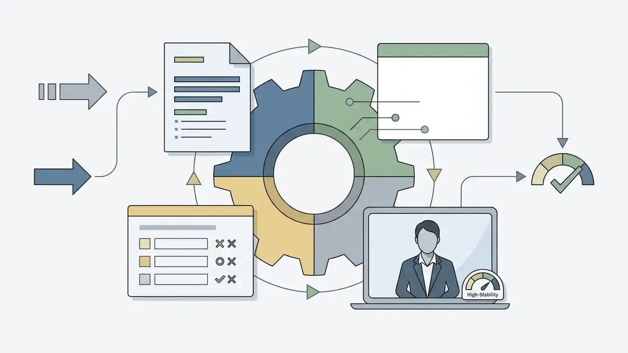 Documents and quiz forms feeding into a gear processor to generate stable AI avatar training videos