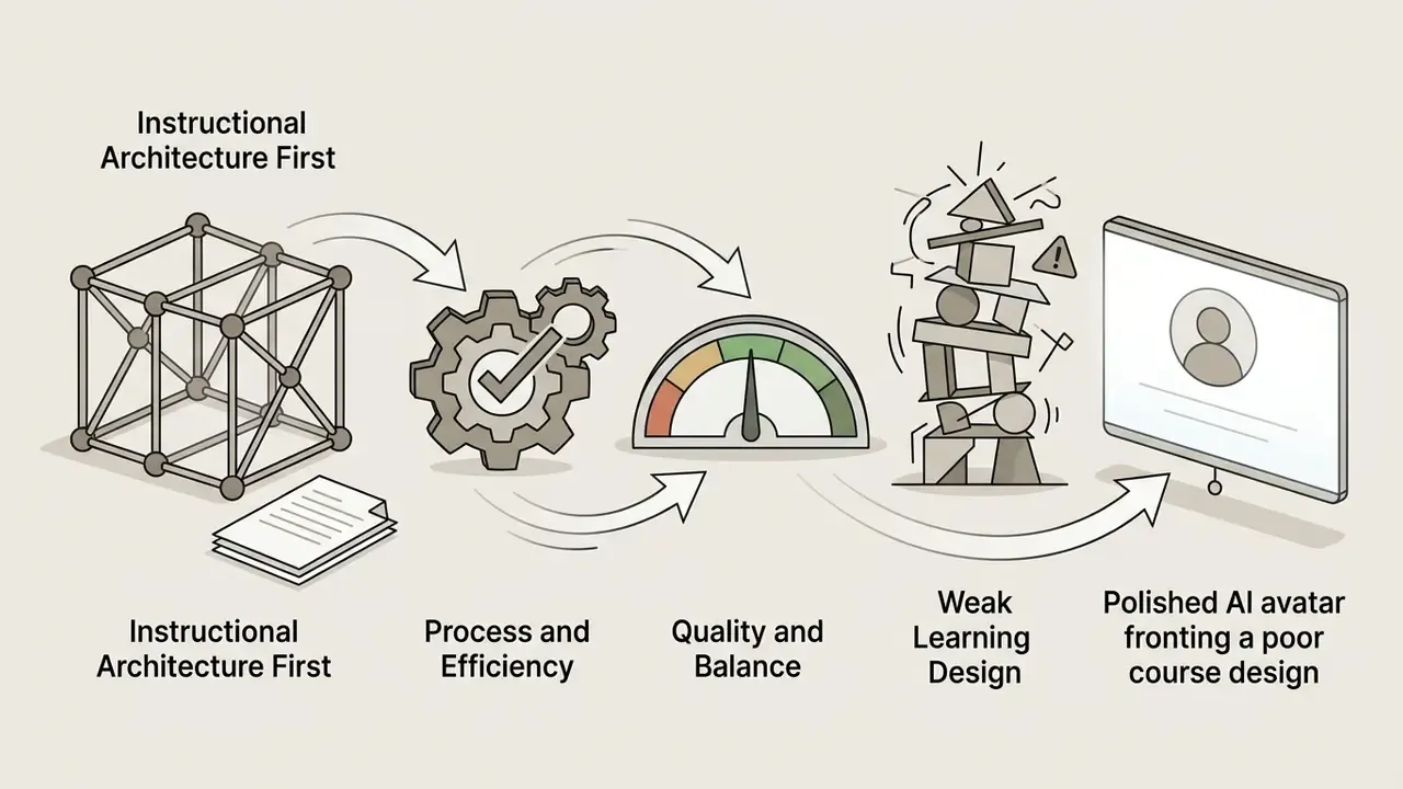 Sequence showing instructional design steps leading to either balanced quality or poor course structure
