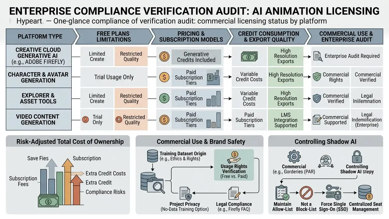 Comparison table outlining AI animation licensing, subscription costs, and enterprise compliance requirements