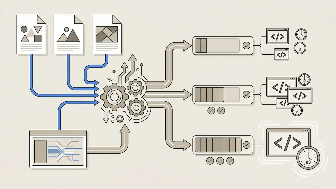 Reference images and data flowing into a central gear system to produce varied video output durations