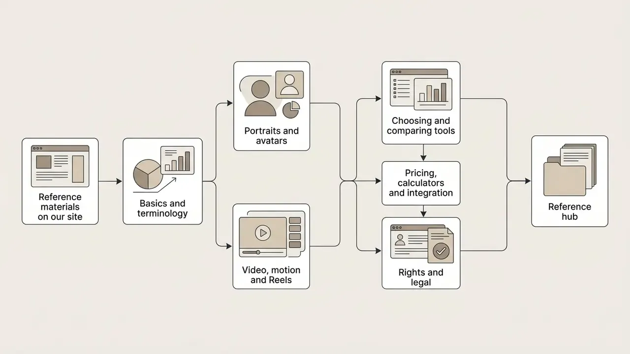 Diagram showing a sequential path from reference materials through various topics to a central hub