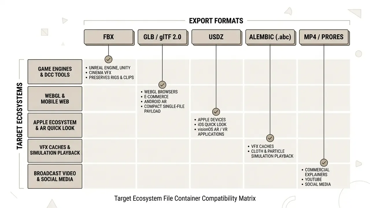 Matrix chart mapping 3D export file formats to their compatible target ecosystems and runtime platforms