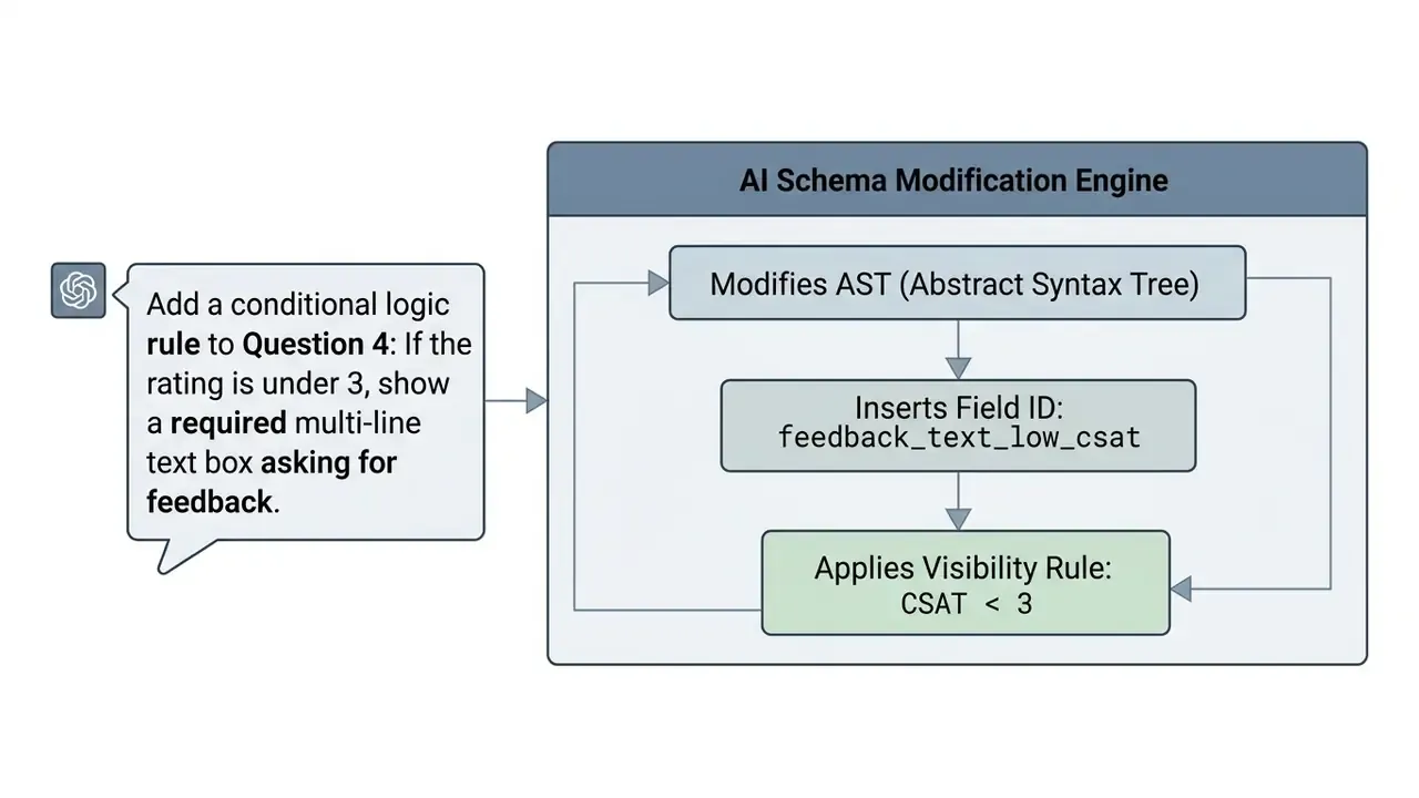 Diagram showing an AI engine processing a user prompt to modify a form schema with conditional logic