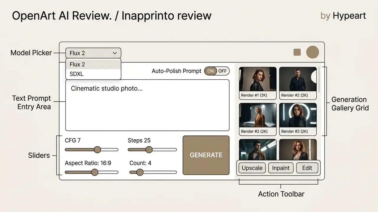 Annotated interface showing prompt entry, model selection, and image generation settings in OpenArt AI