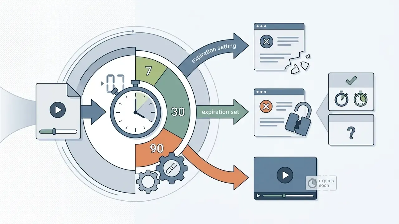 Timer dial with time intervals leading to expired browser windows and an active video player