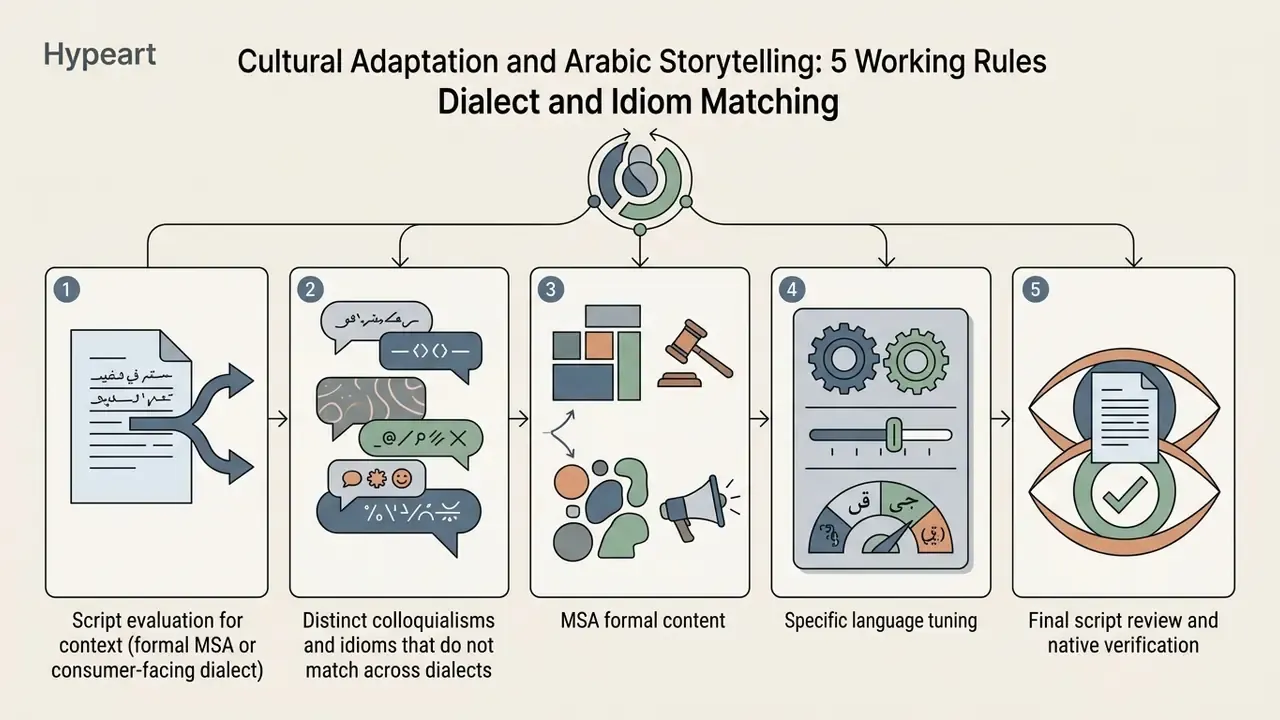 Five step process for dialect and idiom matching in an ai video generator arabic text to video project