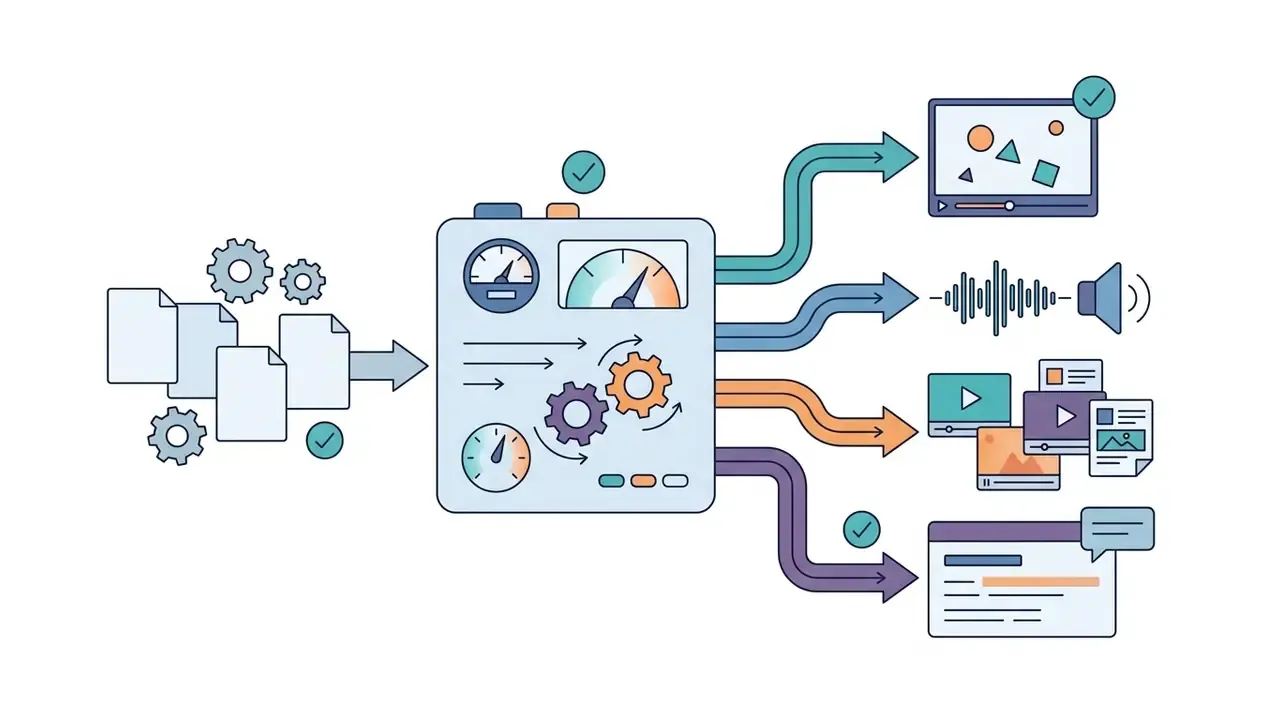 Data files entering a central processing engine that outputs video, audio, media clips, and text captions