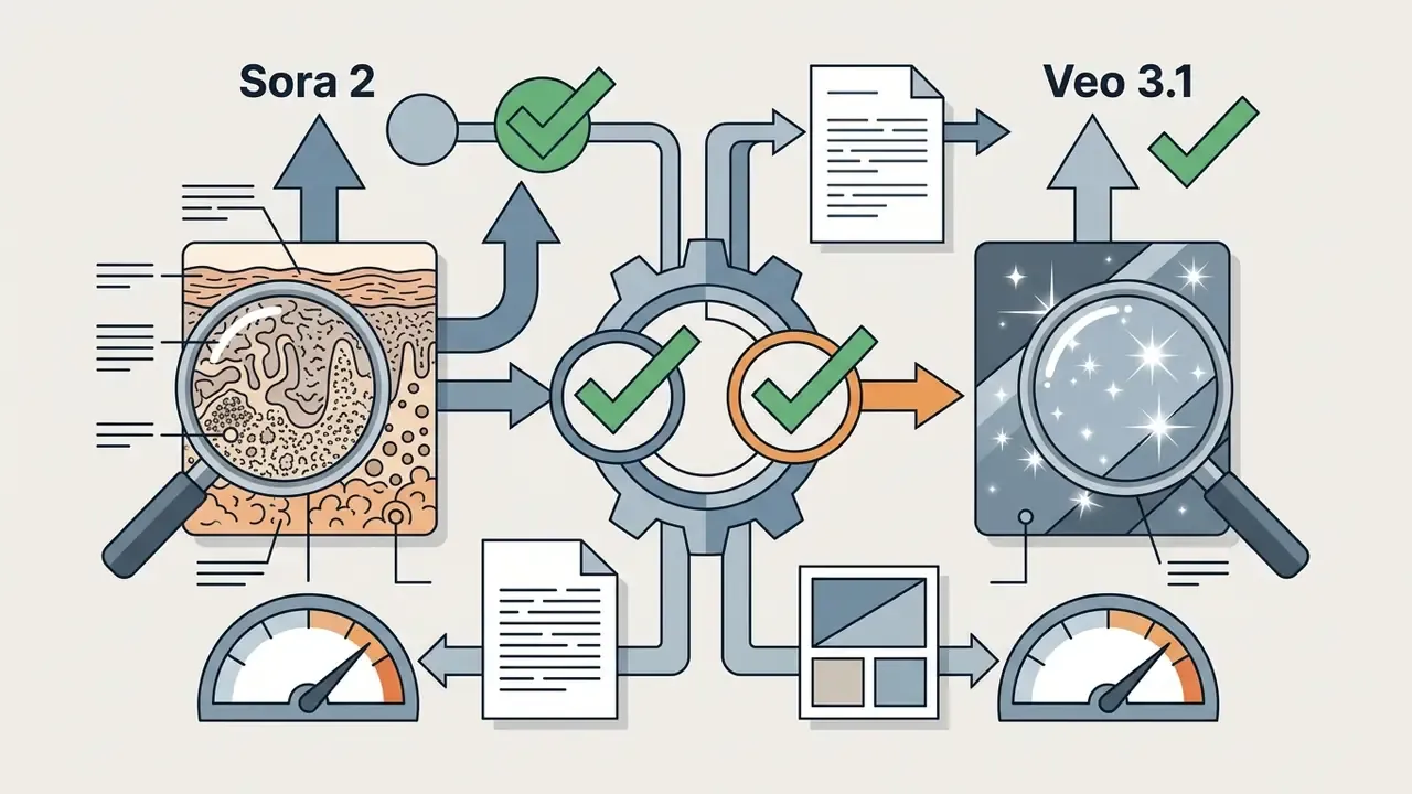 Magnifying glasses over skin texture and light reflections connected by gears to documents and gauges