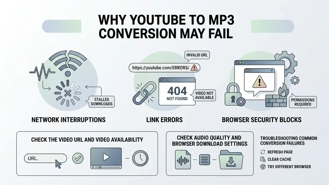 Infographic showing common reasons for YouTube to MP3 conversion failures and troubleshooting steps