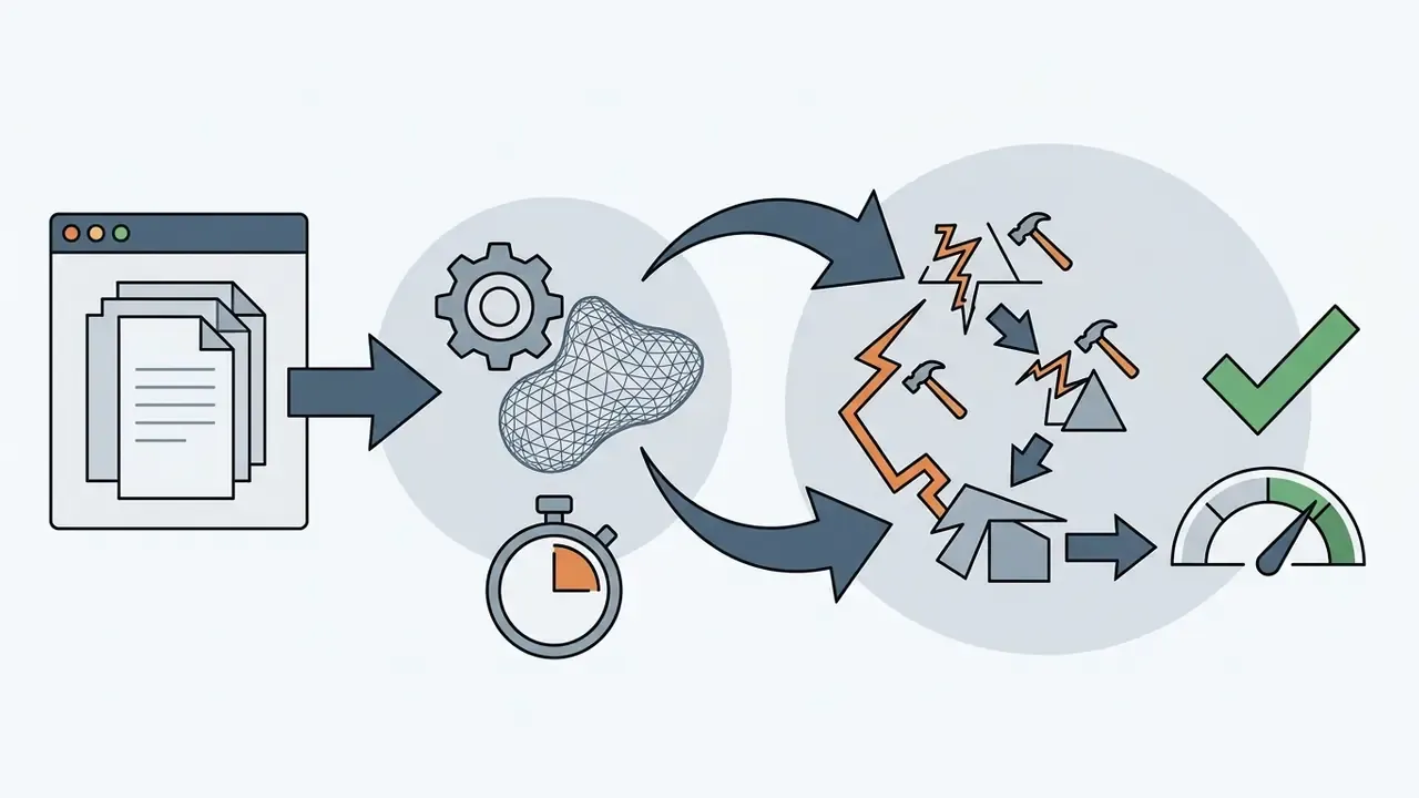 Document input flowing into a mesh generation process followed by iterative manual repair and speed tracking