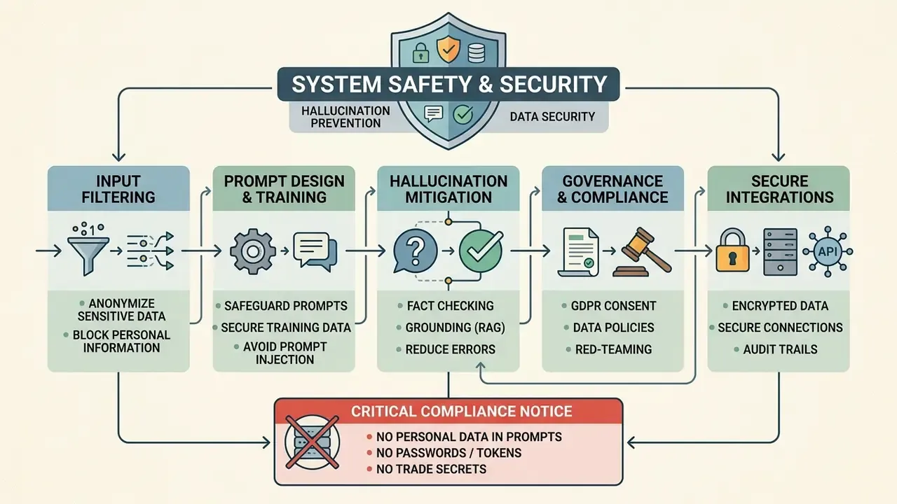 Infographic outlining stages for AI chatbot safety including data filtering, mitigation, and compliance