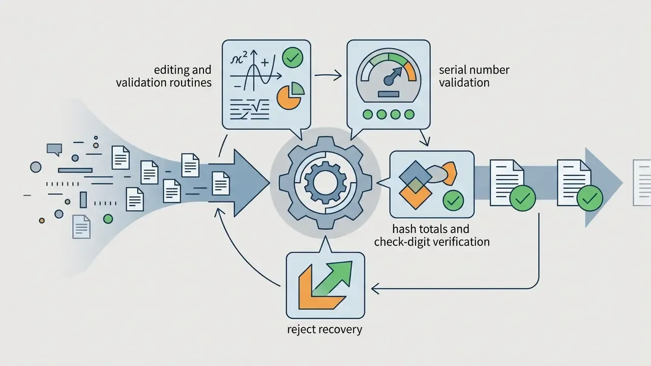 Data flowing through a central gear processor for validation, serial number checking, and reject recovery