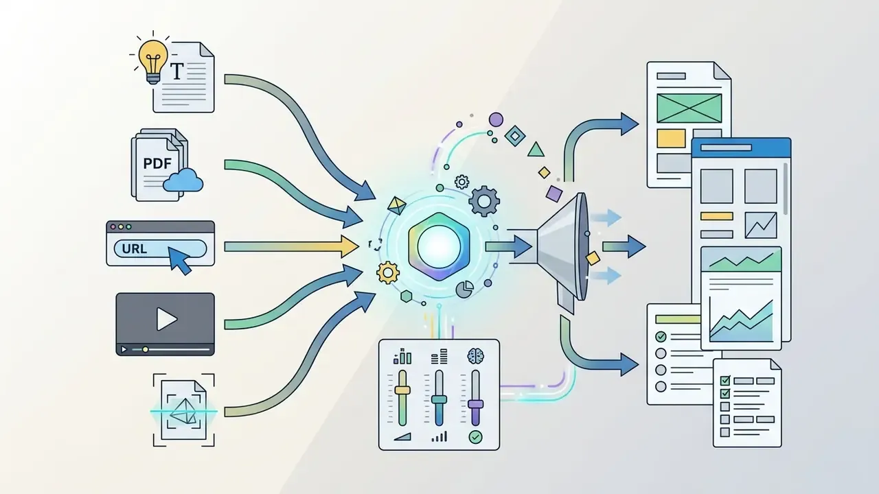 Icons of diverse digital content feeding into a processor that outputs structured educational documents