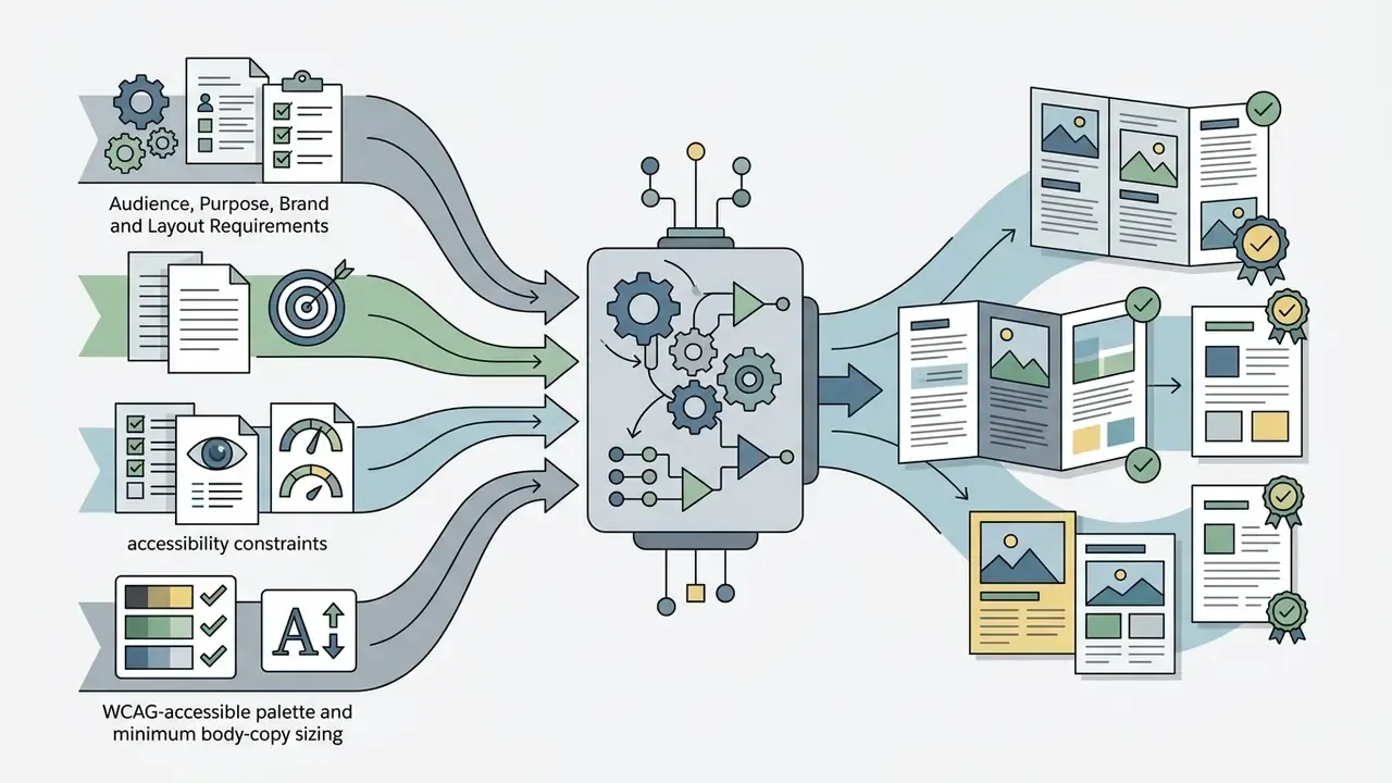 Design inputs flowing into a processor to generate various brochure formats with accessibility standards