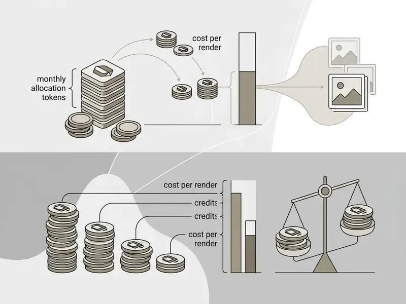 Diagram comparing unit economics of AI image generation through subscription credits versus packs