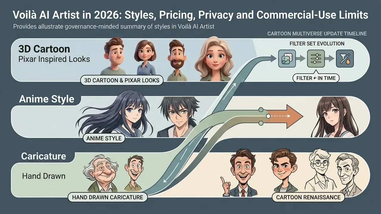 Infographic showing the evolution of 3D cartoon, anime, and caricature styles in the Voilà AI Artist app