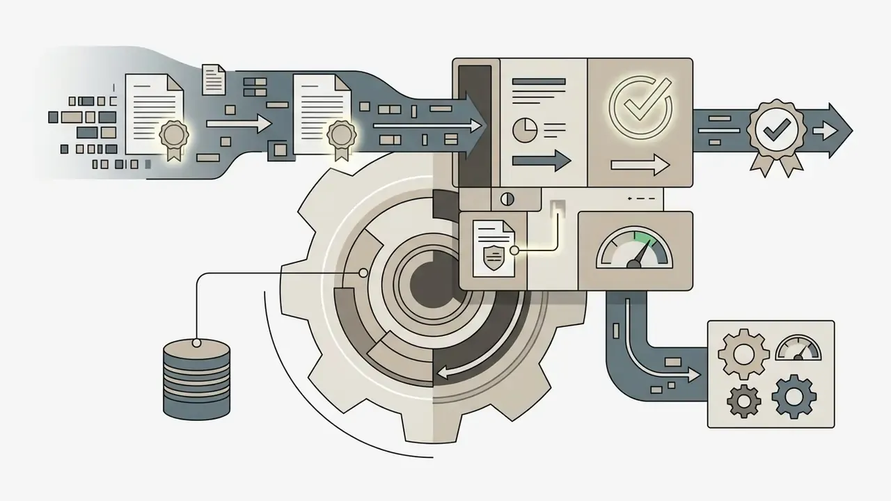 Documents with seals flowing into a processing unit that generates verified output and performance metrics