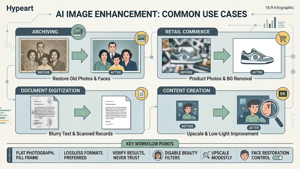 Infographic showing before and after examples for archiving, retail, document, and content workflows