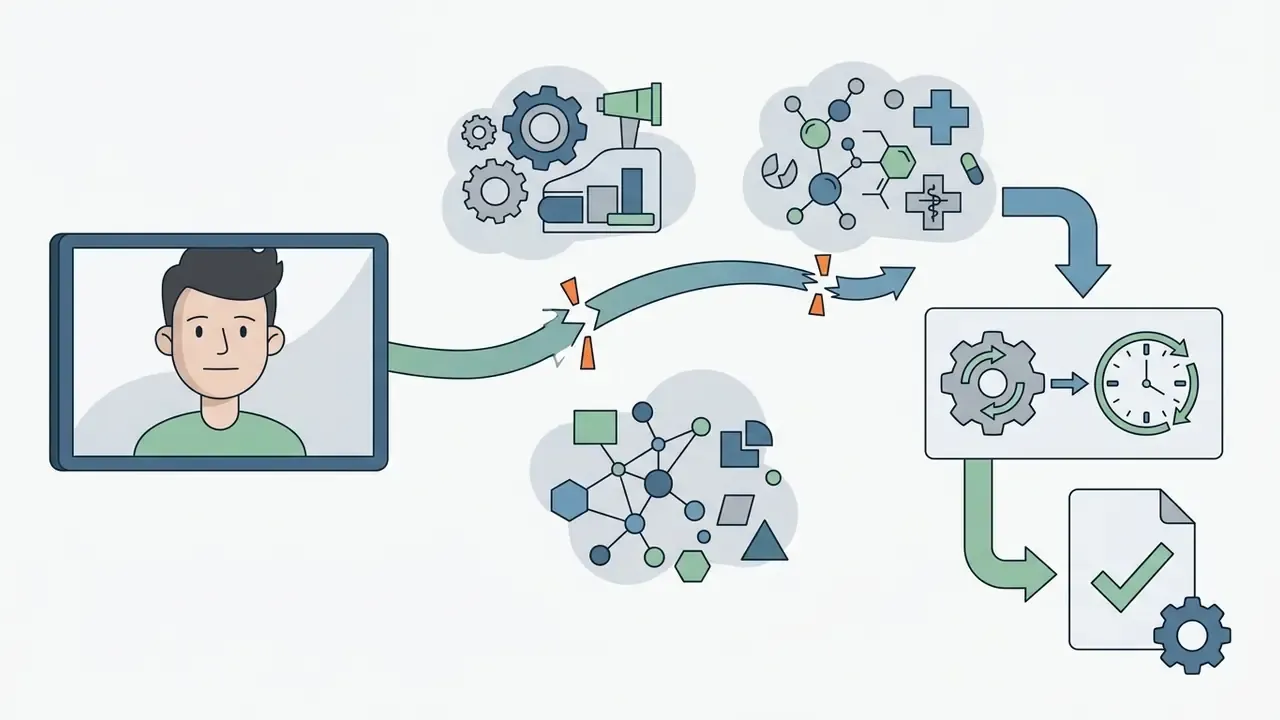 Broken arrow connecting a face to medical and technical icons leading to a gear and clock timing process