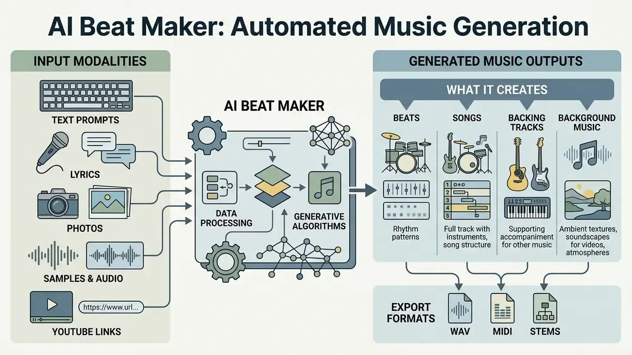 Infographic showing how an AI beat maker processes various inputs to generate music tracks and audio files