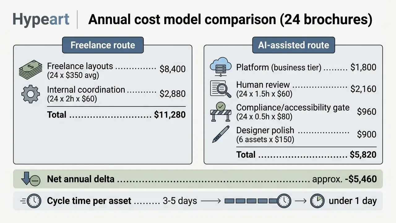 Table contrasting freelance and AI-assisted production costs for twenty-four brochures with savings data