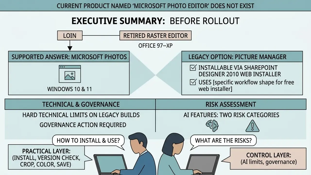 Infographic comparing supported Microsoft Photos software against legacy tools and governance requirements