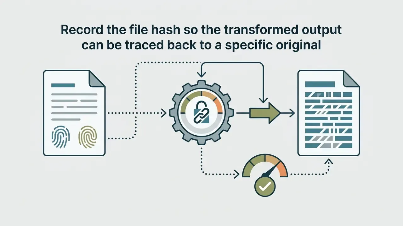 Document with fingerprints feeding into a gear and gauge mechanism to generate a tracked output file
