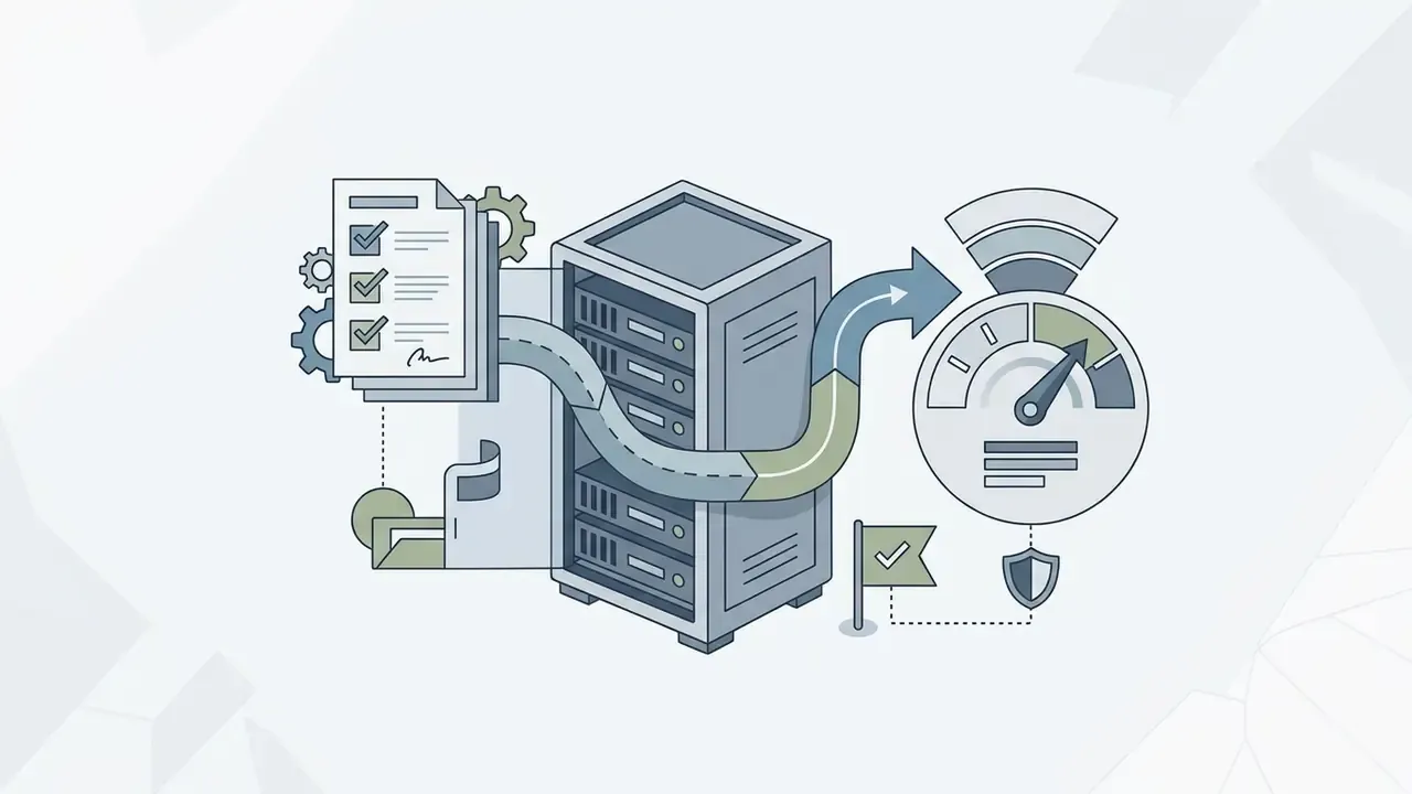 Document with checkboxes feeding into a server rack connected to a performance gauge and flag icon