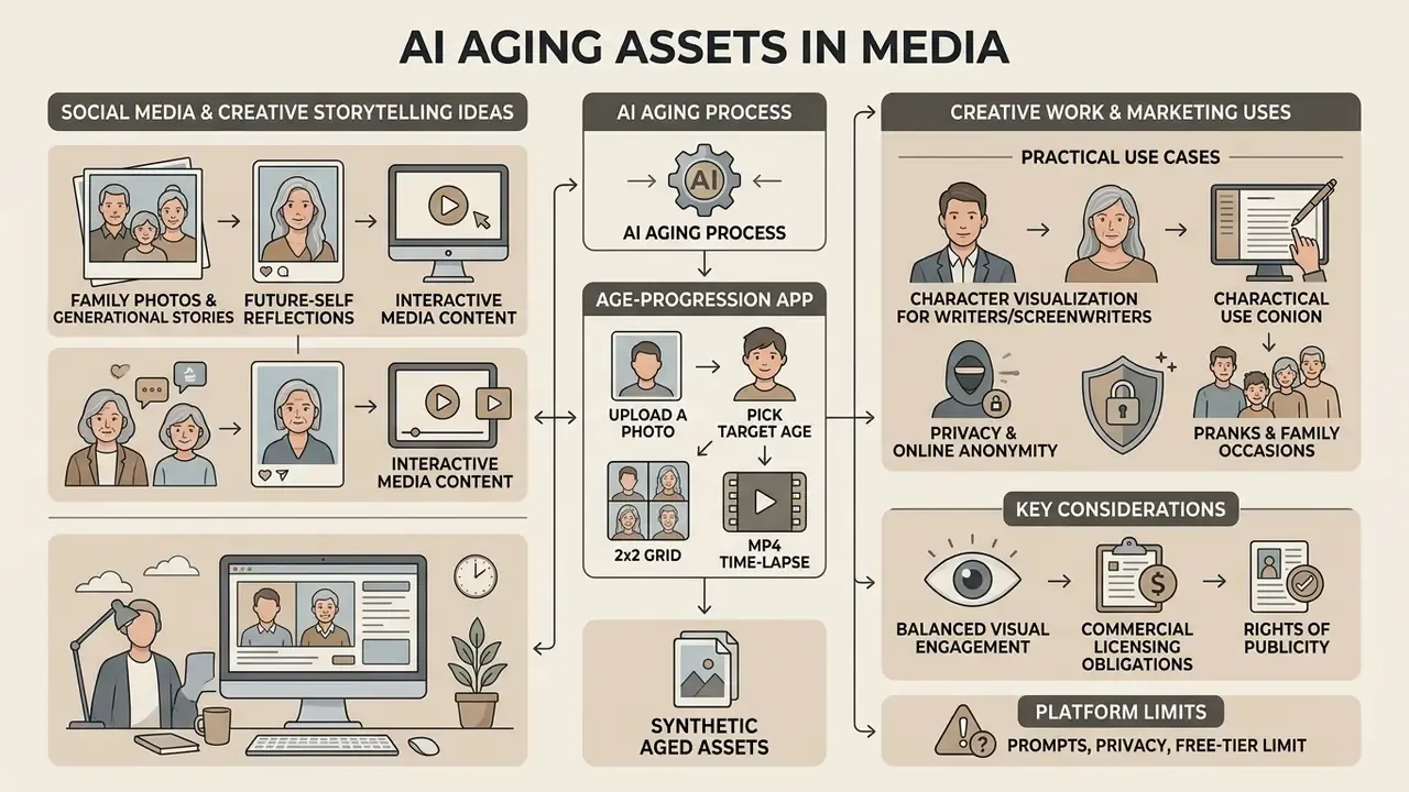 Flowchart mapping creative and commercial applications for synthetic aging technology in media campaigns