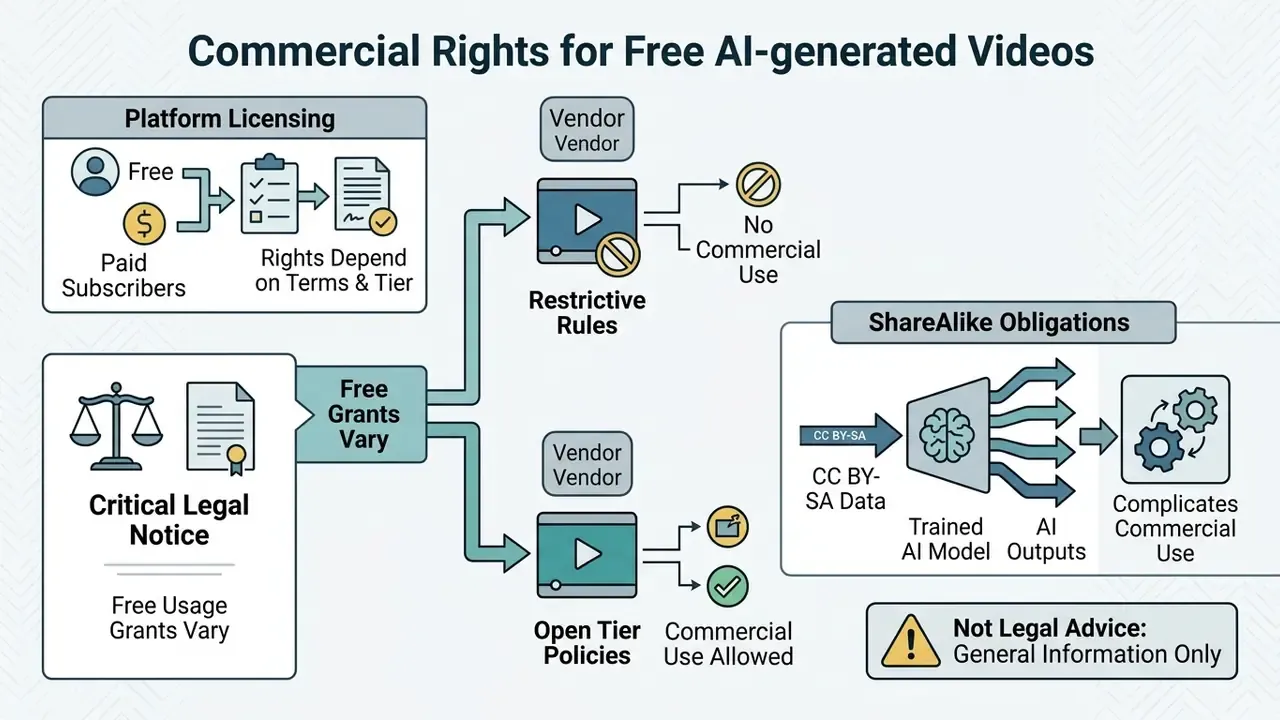 Diagram illustrating how platform licensing and ShareAlike obligations affect commercial video rights