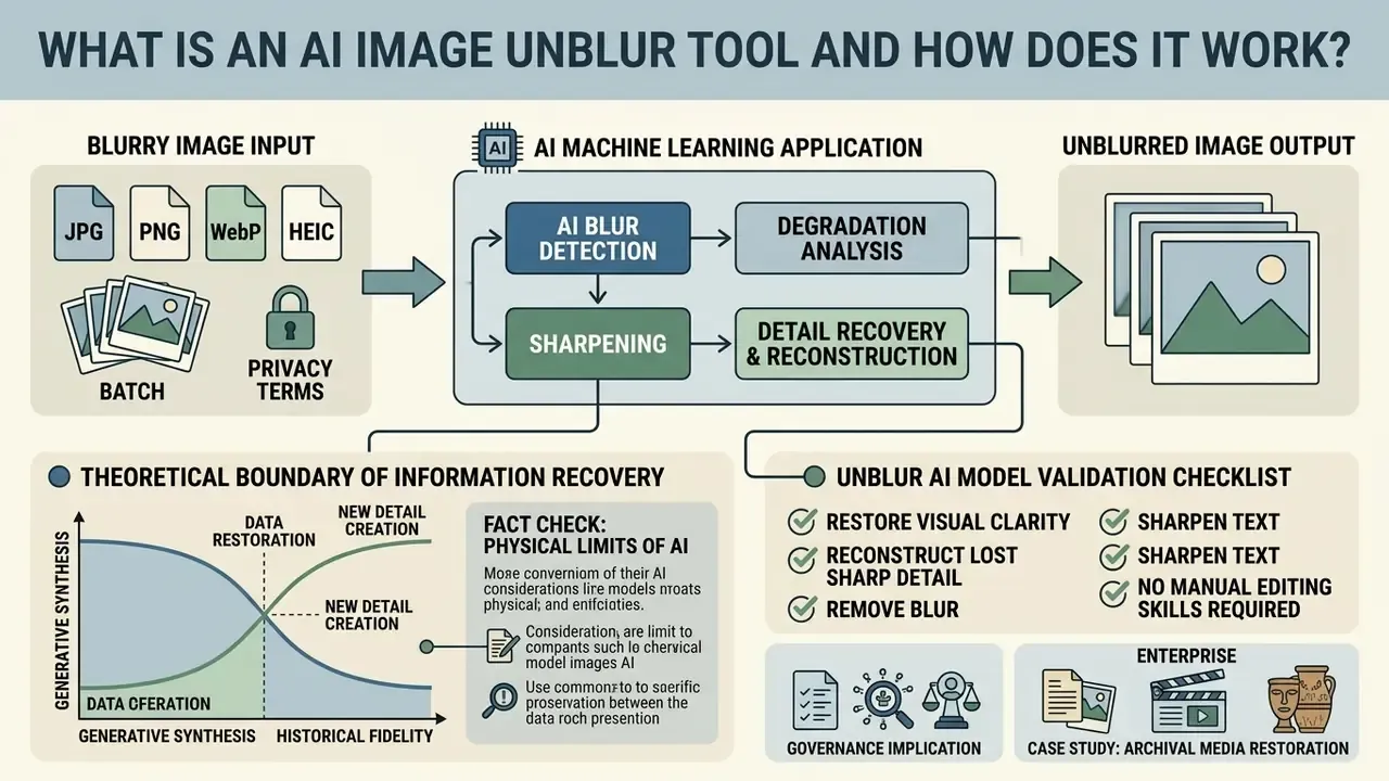 Infographic showing how an AI image unblur tool processes input files to restore visual clarity
