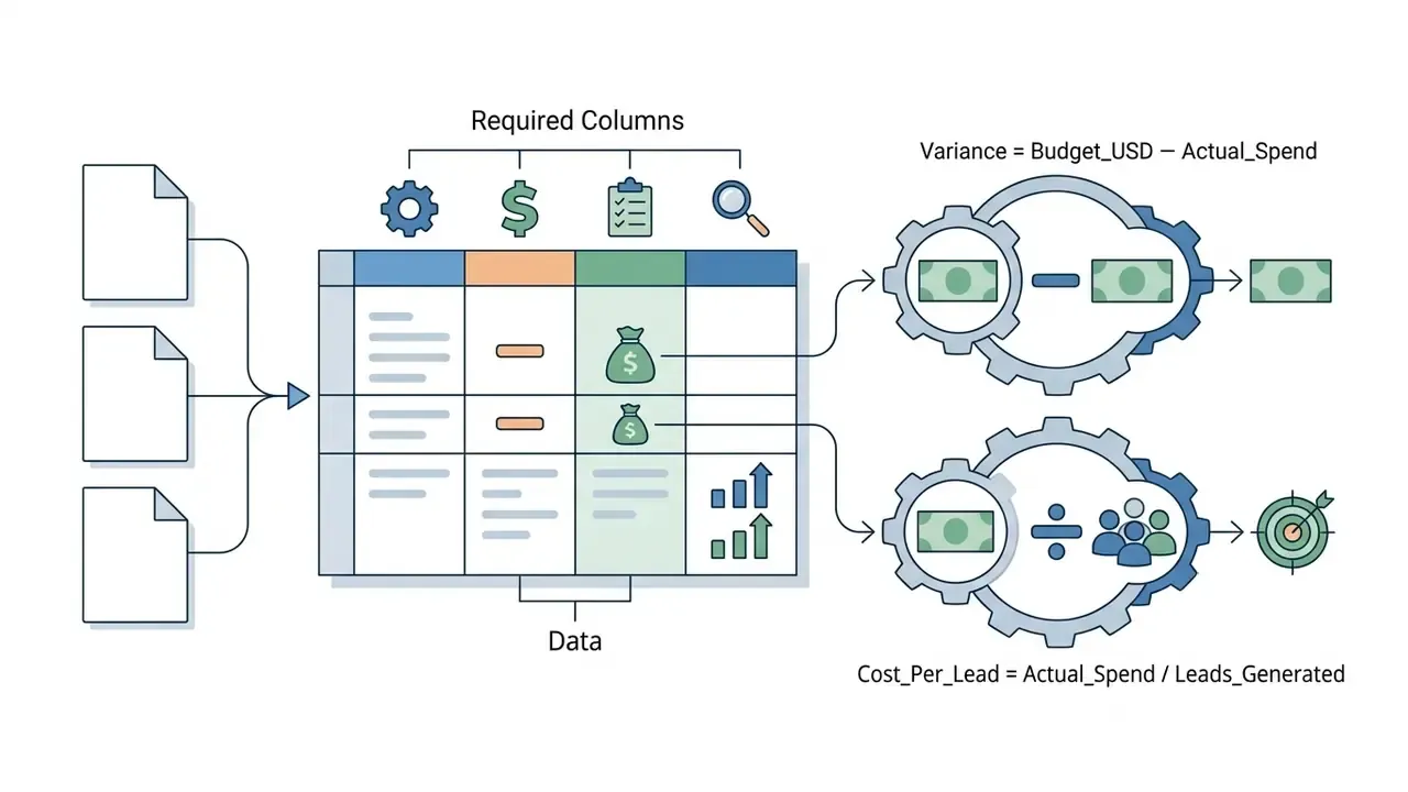 Documents feeding into a table that processes financial data through gear-shaped calculation functions