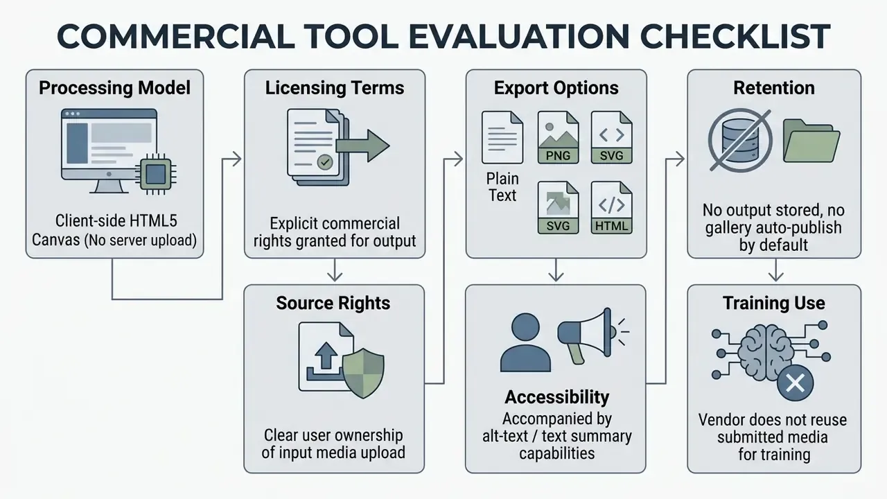 Flowchart outlining seven criteria for evaluating commercial software tools for data privacy and ownership