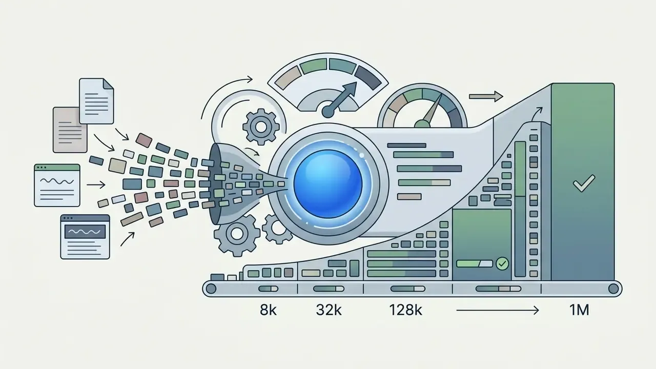 Data tokens flowing through a processing funnel into a scale representing increasing context window sizes