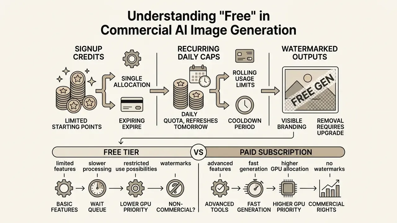 Infographic comparing limitations of free AI image generation tiers against paid subscription benefits