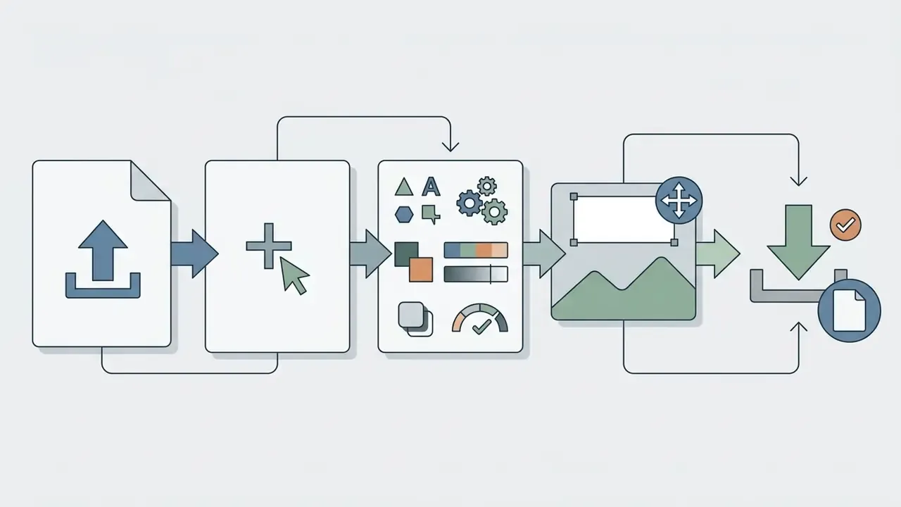 Sequential process icons showing how to add text to an image online by uploading, editing, and downloading