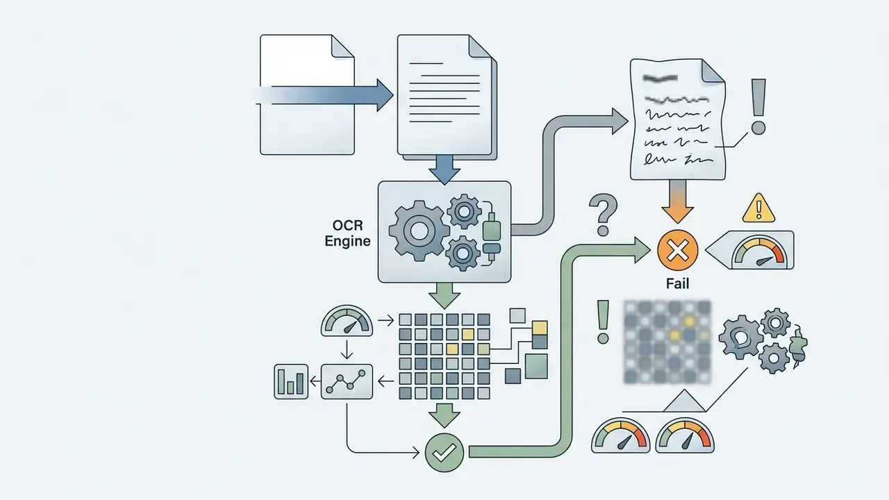 Flowchart showing how an OCR engine processes pixel data and identifies potential points of failure