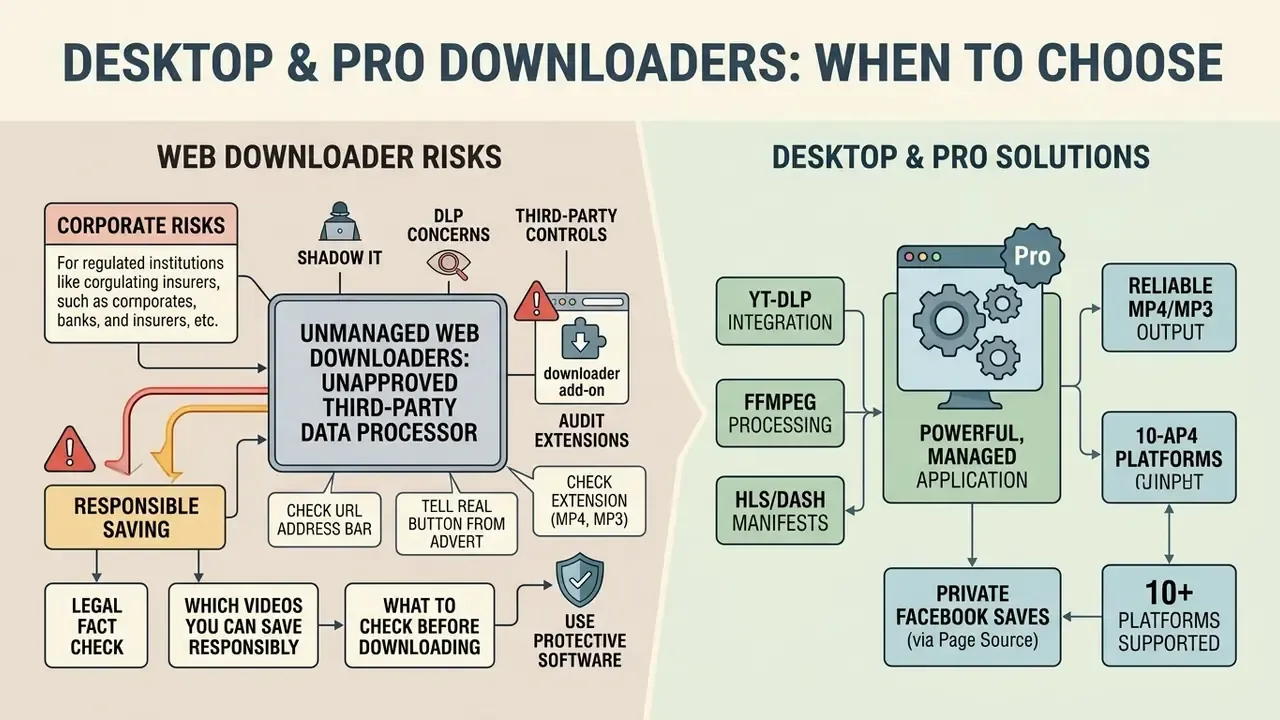 Comparison chart contrasting unmanaged web tools with professional desktop software for media saving