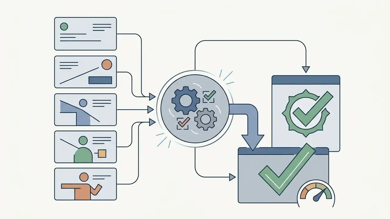 Five input documents feeding into a central gear mechanism that outputs verified character renders