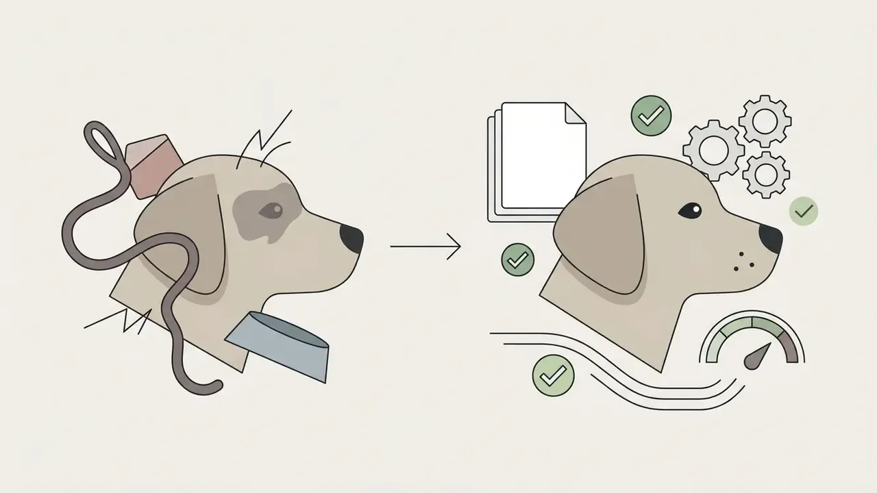 Dog head with obstructions transitioning to a clean profile with gears and a gauge indicating quality