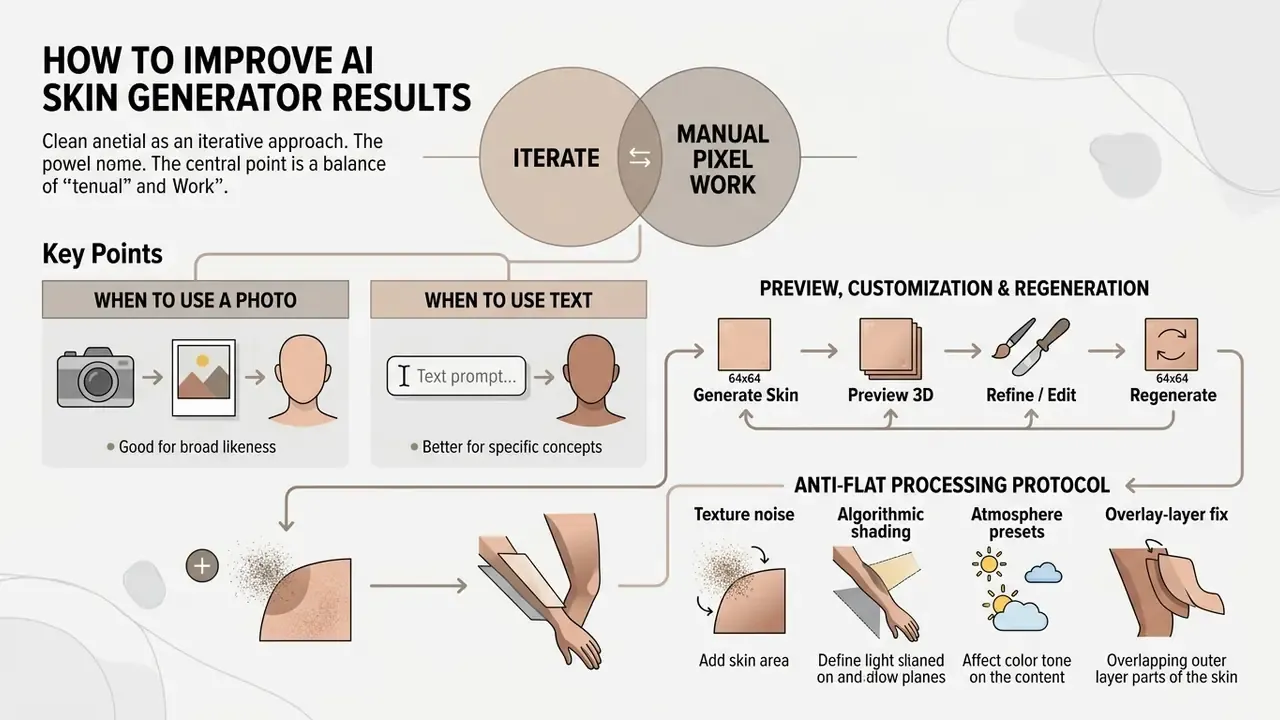 Step-by-step infographic detailing iterative refinement techniques for digital character skin creation