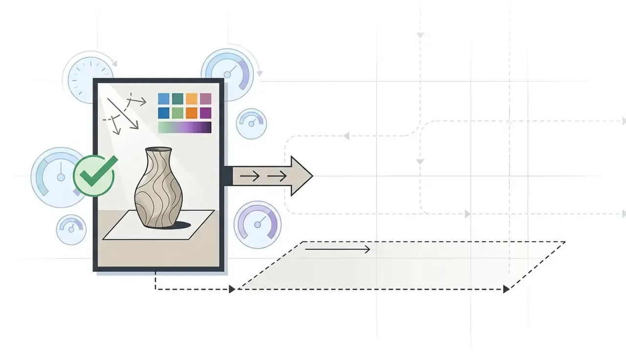 Vase image with color palette and checkmark pointing toward a dashed frame for video generation