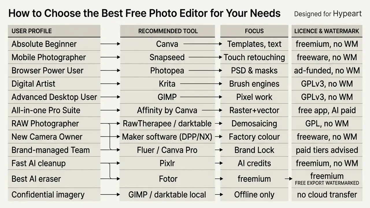 Table mapping user profiles to recommended software, core focus, and licensing terms
