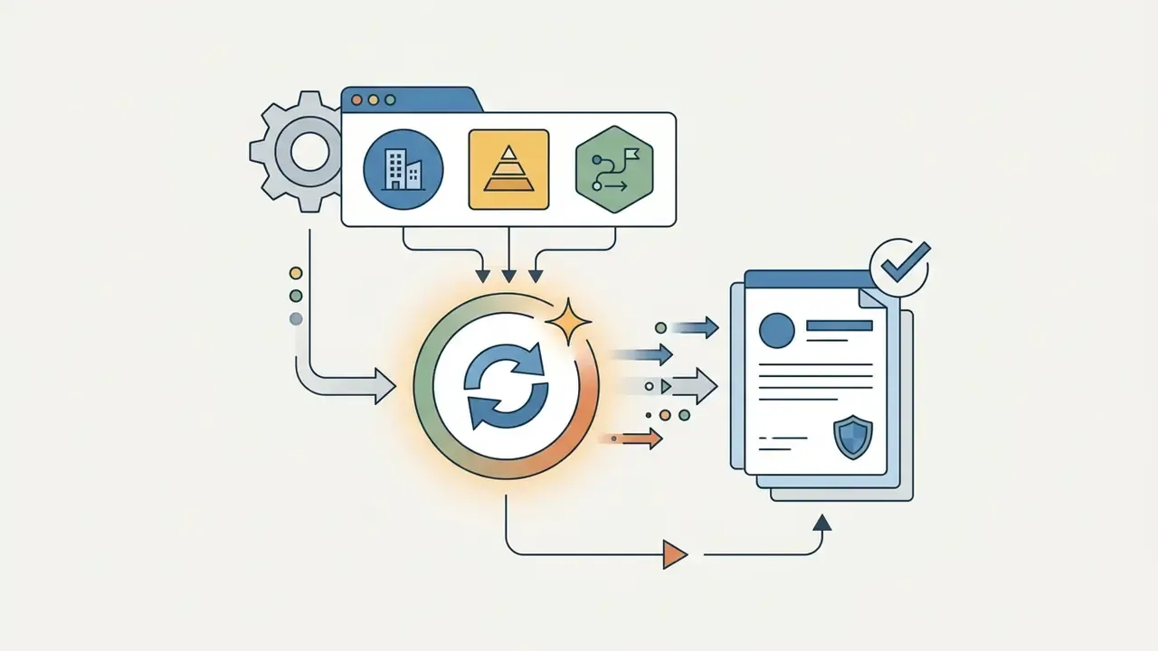 CRM data icons feeding into a central processing cycle that generates a personalized document